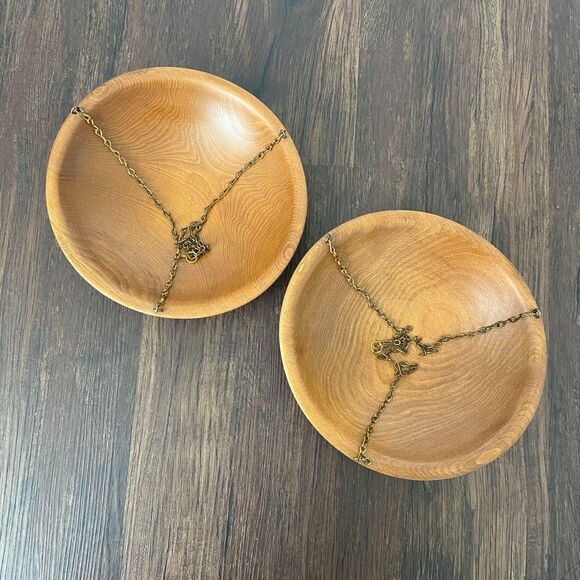 Set of 2 MCM Dark Wood Ceiling Hanging Basins Bowls Bird Bath / Planters - Picture 4 of 5